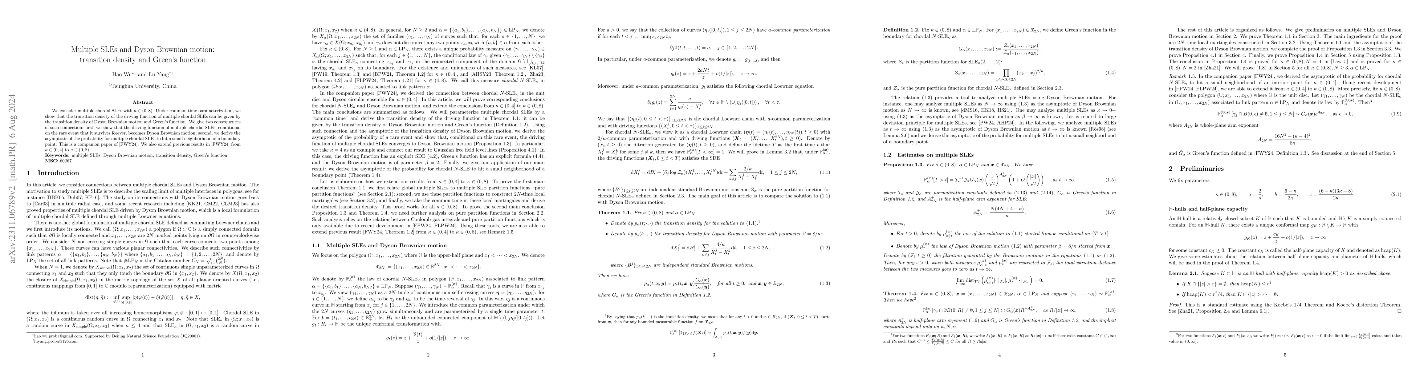 Thumbnail for Multiple SLEs and Dyson Brownian motion: transition density and Green's
  function