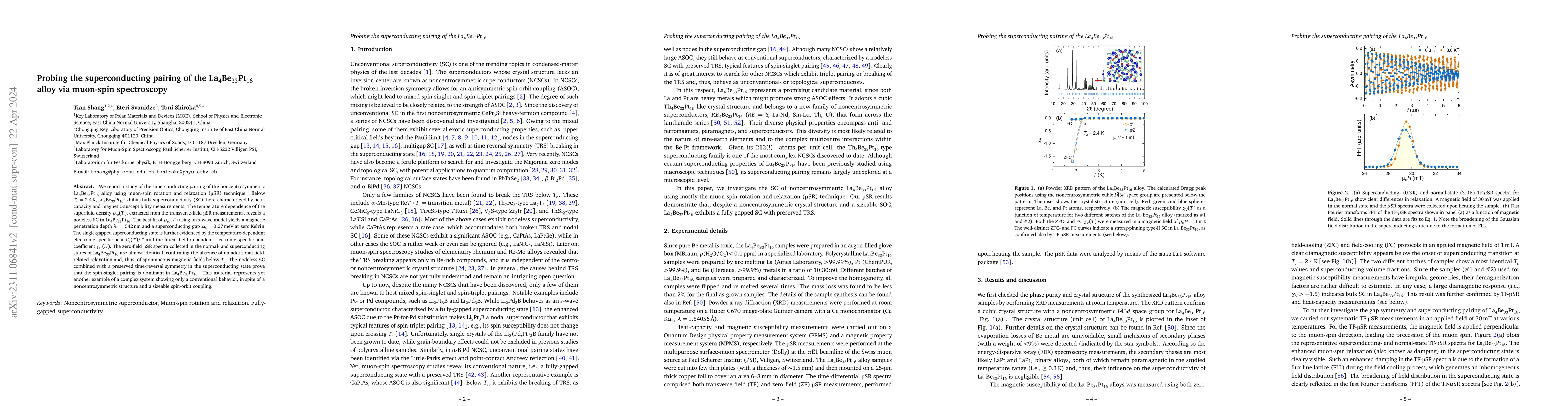 Thumbnail for Probing the superconducting pairing of the La$_{4}$Be$_{33}$Pt$_{16}$
  alloy via muon-spin spectroscopy