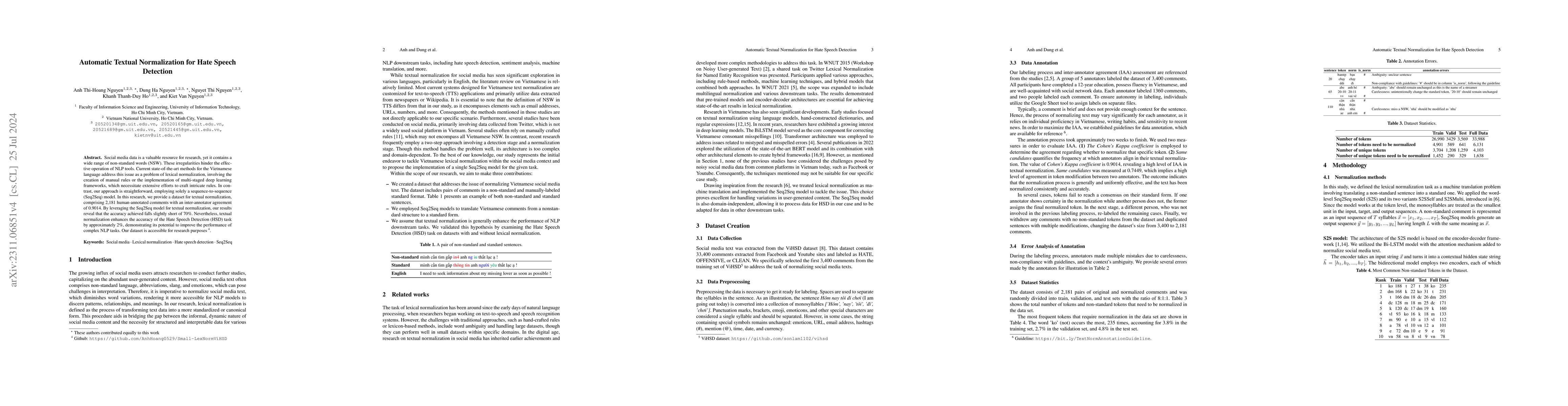 Thumbnail for Automatic Textual Normalization for Hate Speech Detection