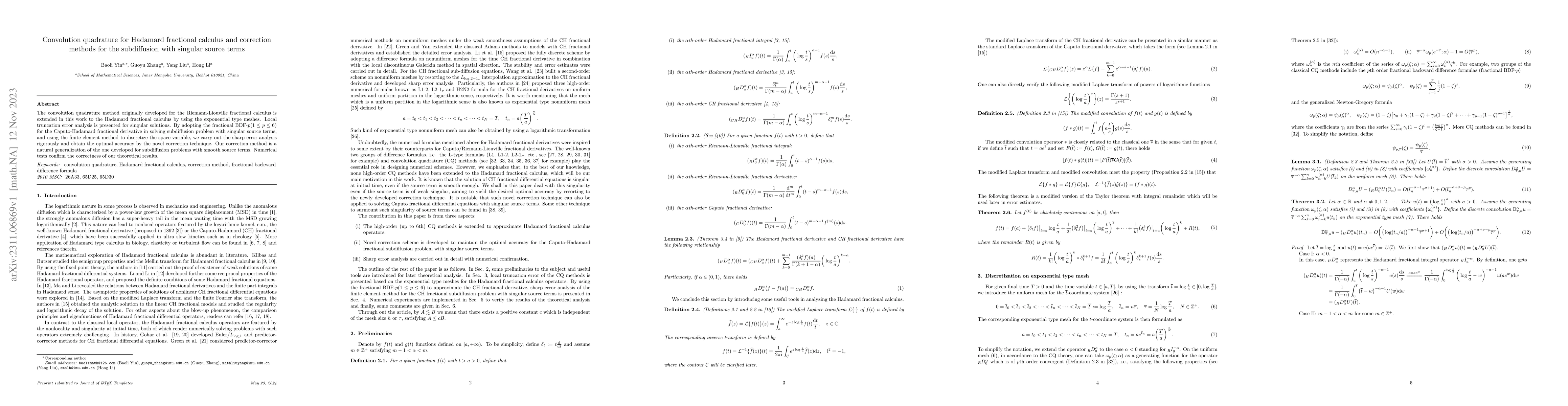 Thumbnail for Convolution quadrature for Hadamard fractional calculus and correction
  methods for the subdiffusion with singular source terms