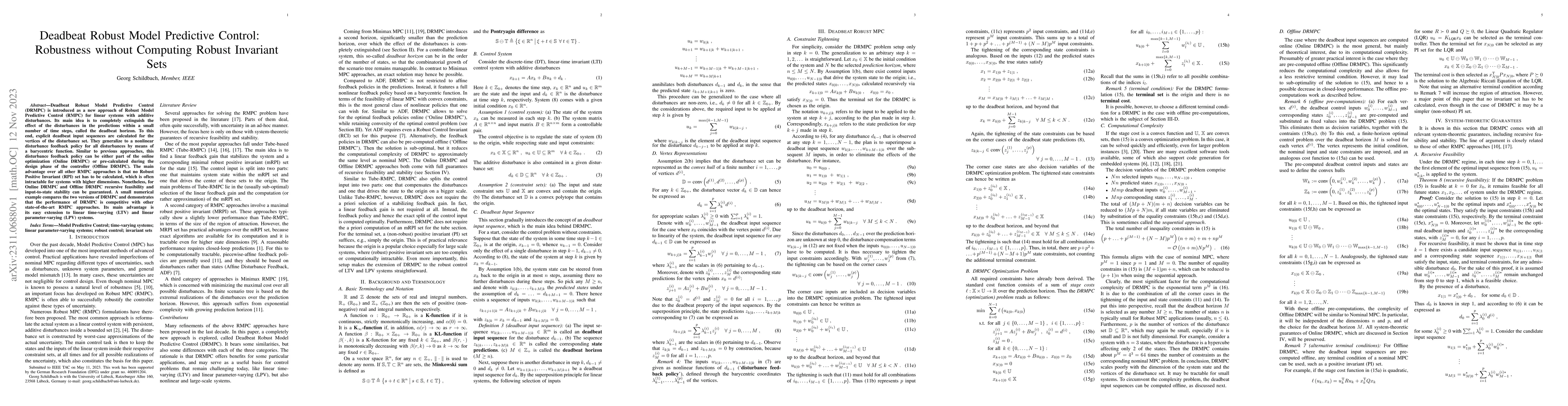 Thumbnail for Deadbeat Robust Model Predictive Control: Robustness without Computing
  Robust Invariant Sets