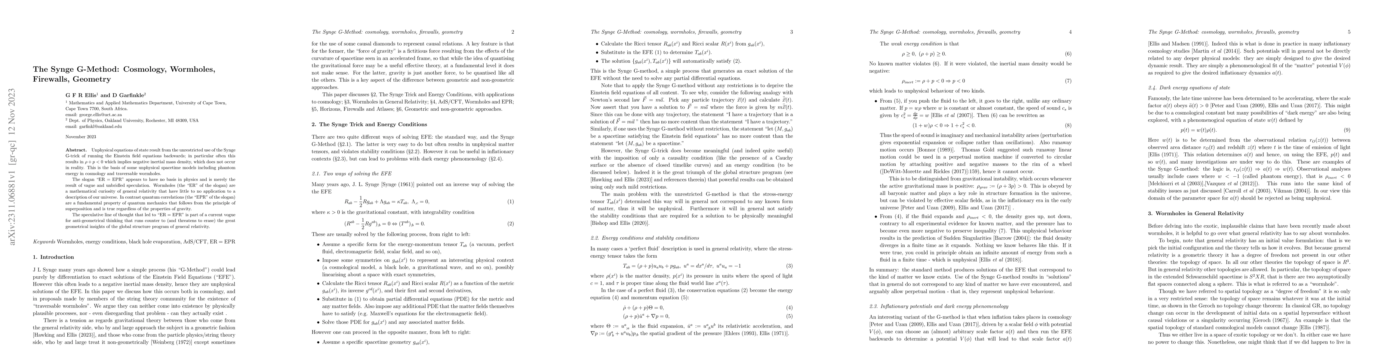 Thumbnail for The Synge G-Method: cosmology, wormholes, firewalls, geometry