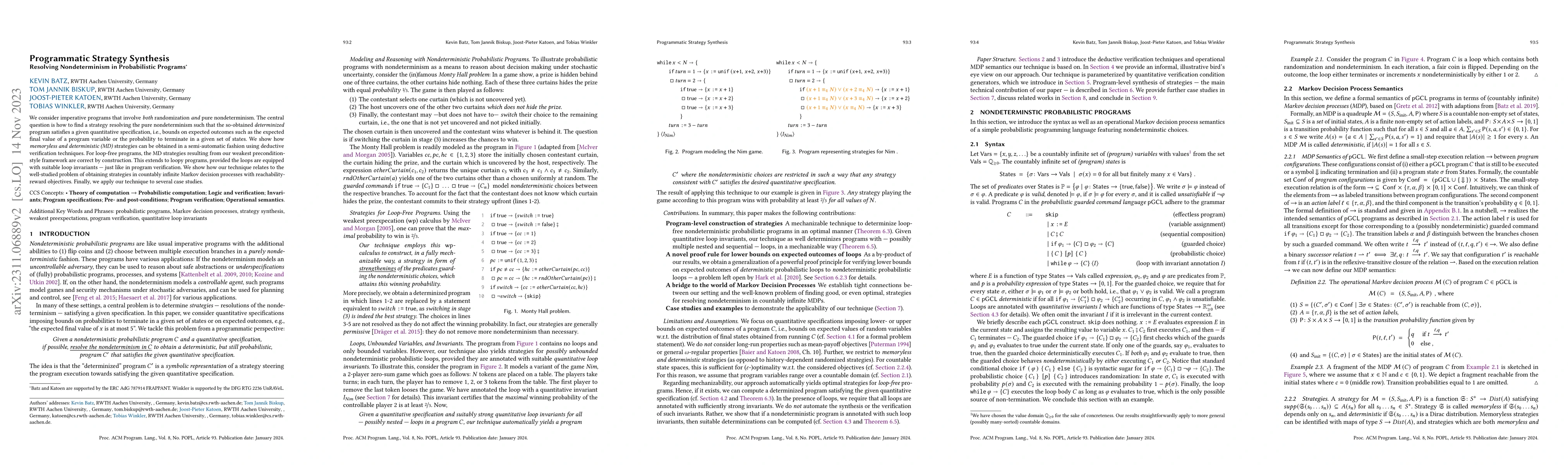 Thumbnail for Programmatic Strategy Synthesis: Resolving Nondeterminism in
  Probabilistic Programs