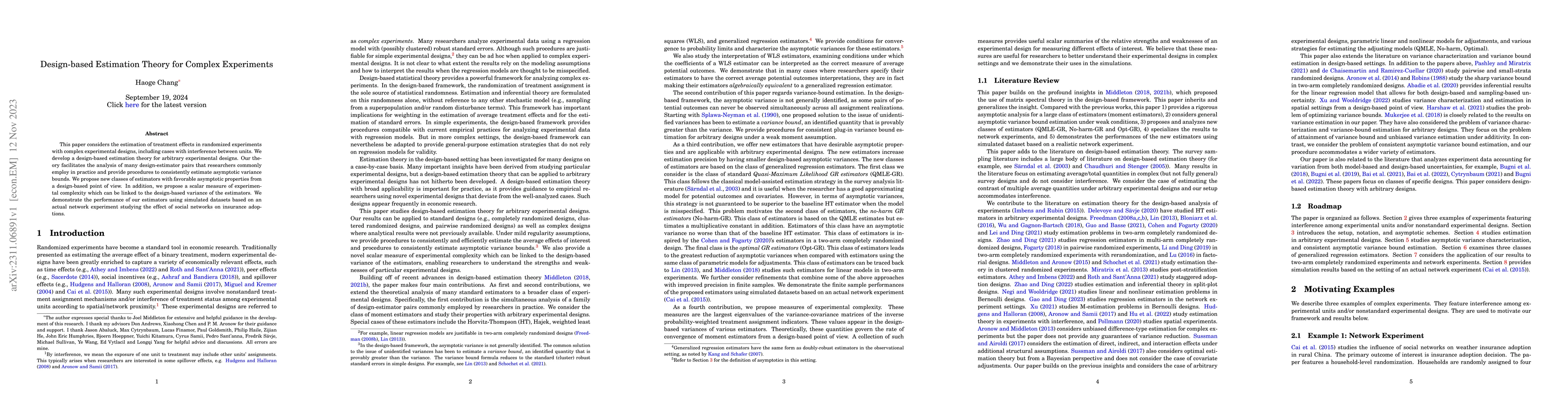 Thumbnail for Design-based Estimation Theory for Complex Experiments