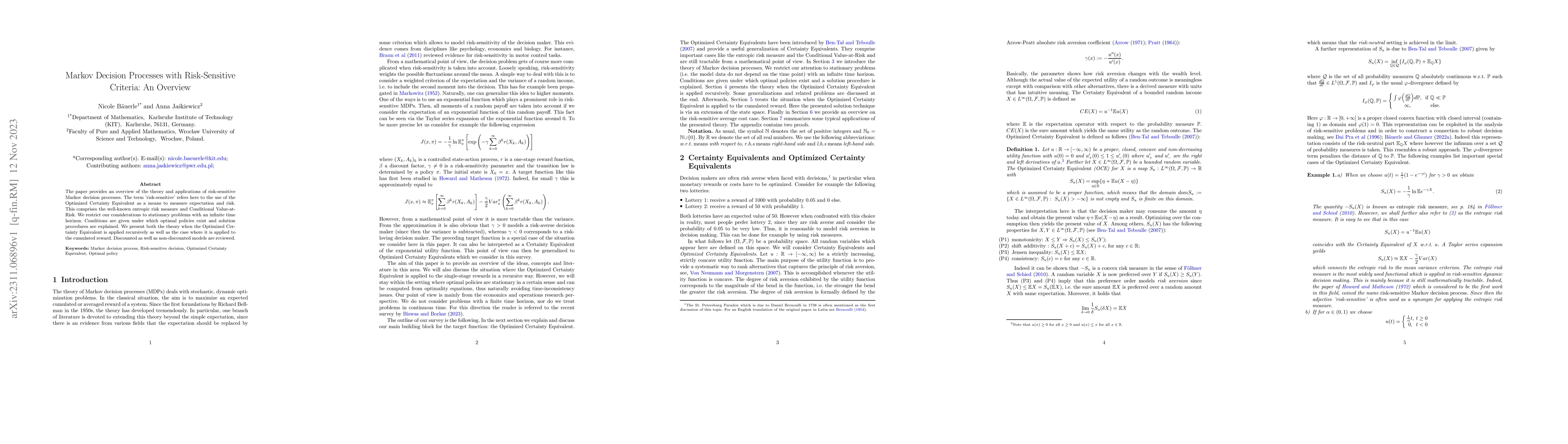 Thumbnail for Markov Decision Processes with Risk-Sensitive Criteria: An Overview