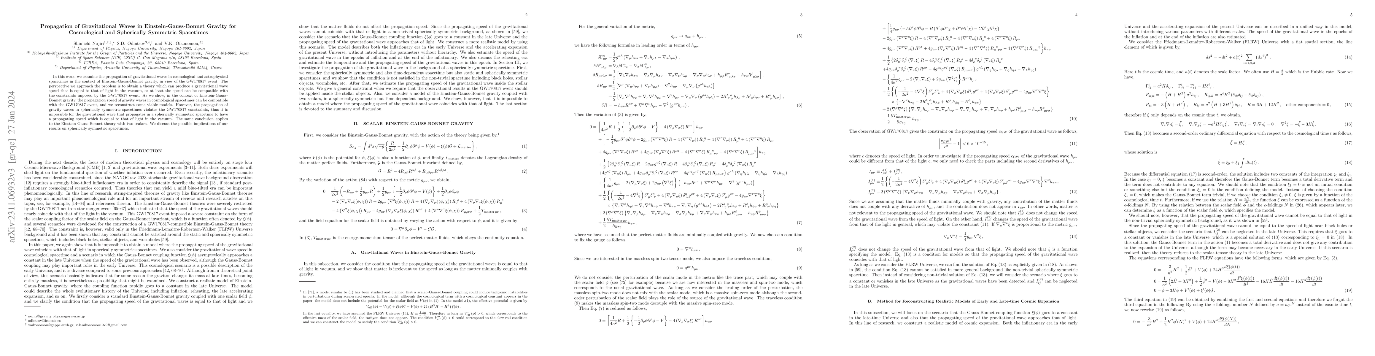 Thumbnail for Propagation of Gravitational Waves in Einstein--Gauss-Bonnet Gravity for
  Cosmological and Spherically Symmetric Spacetimes