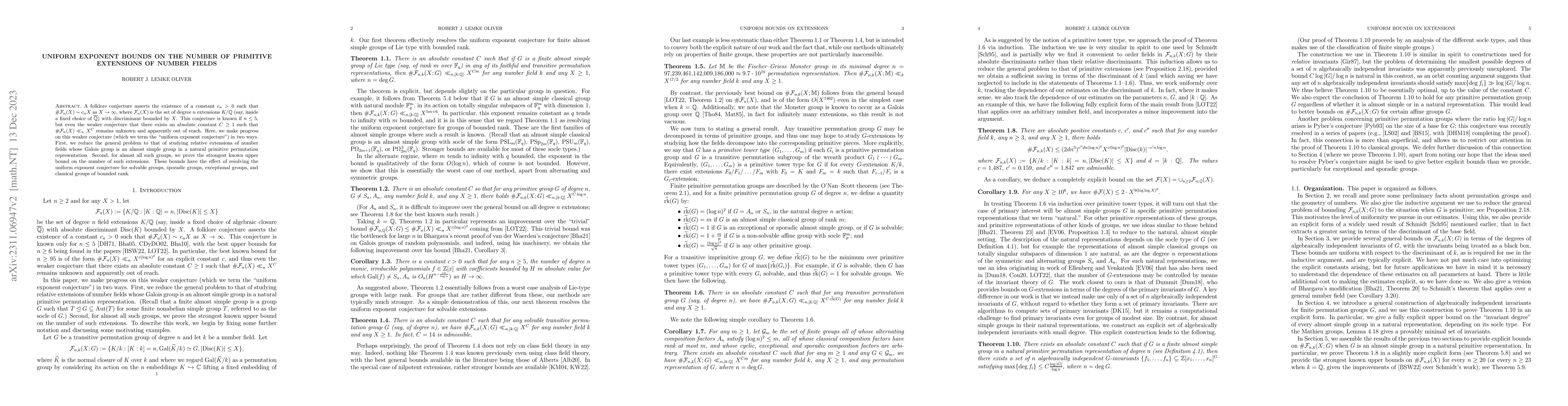 Thumbnail for Uniform exponent bounds on the number of primitive extensions of number
  fields