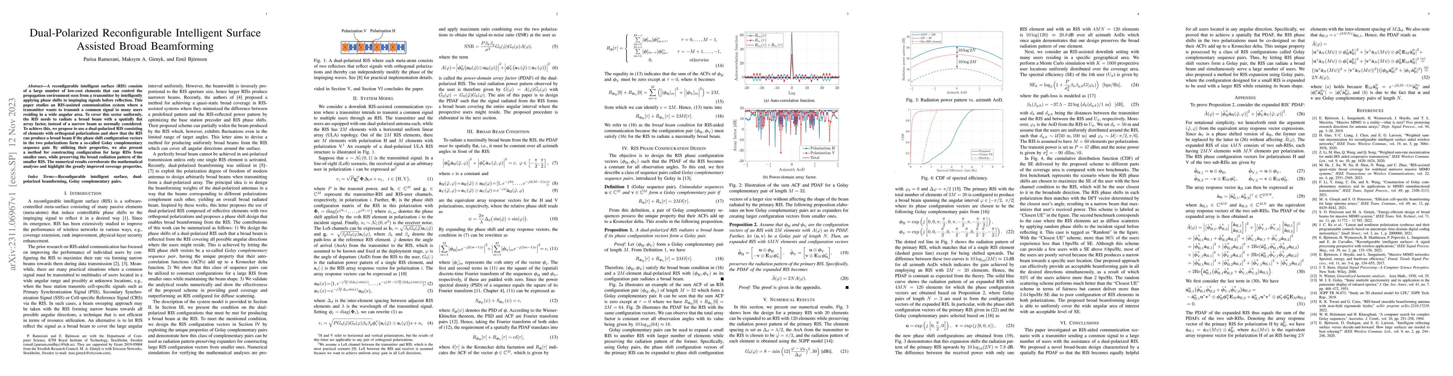 Thumbnail for Dual-Polarized Reconfigurable Intelligent Surface Assisted Broad
  Beamforming