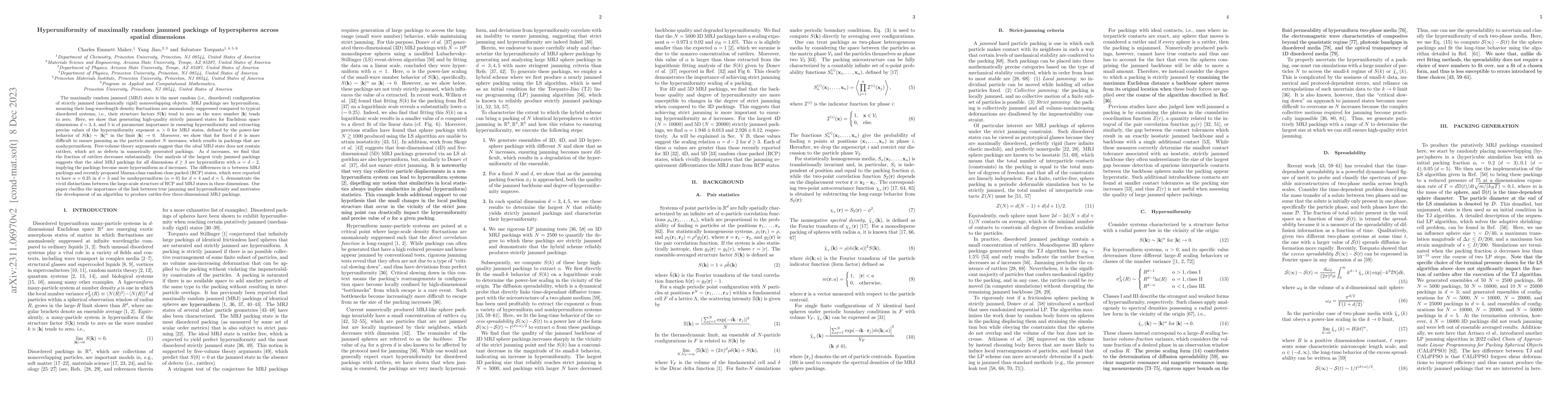 Thumbnail for Hyperuniformity of Maximally Random Jammed Packings of Hyperspheres
  Across Spatial Dimensions