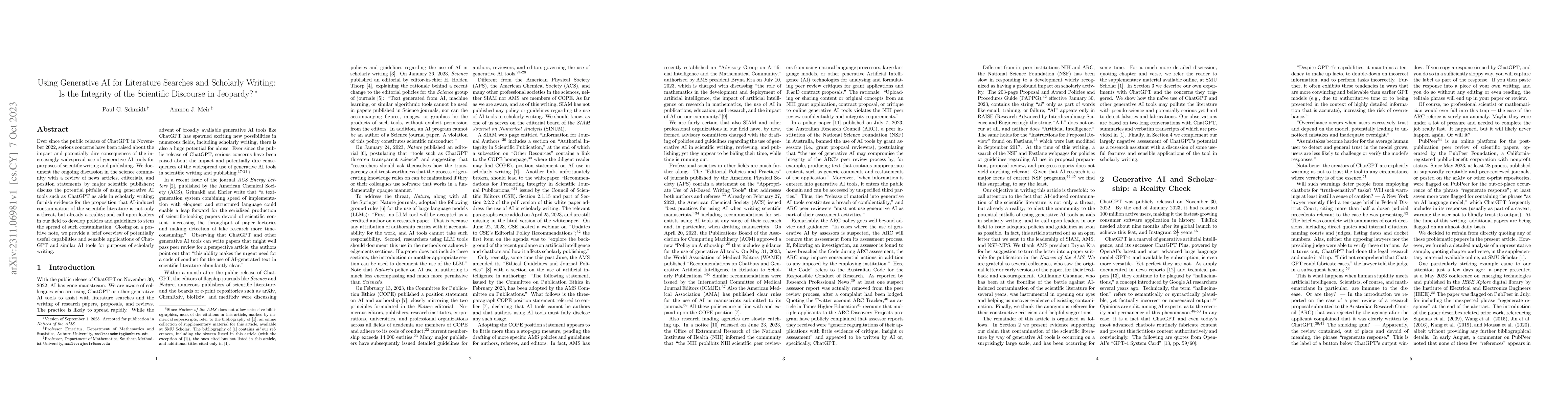 Thumbnail for Using Generative AI for Literature Searches and Scholarly Writing: Is
  the Integrity of the Scientific Discourse in Jeopardy?