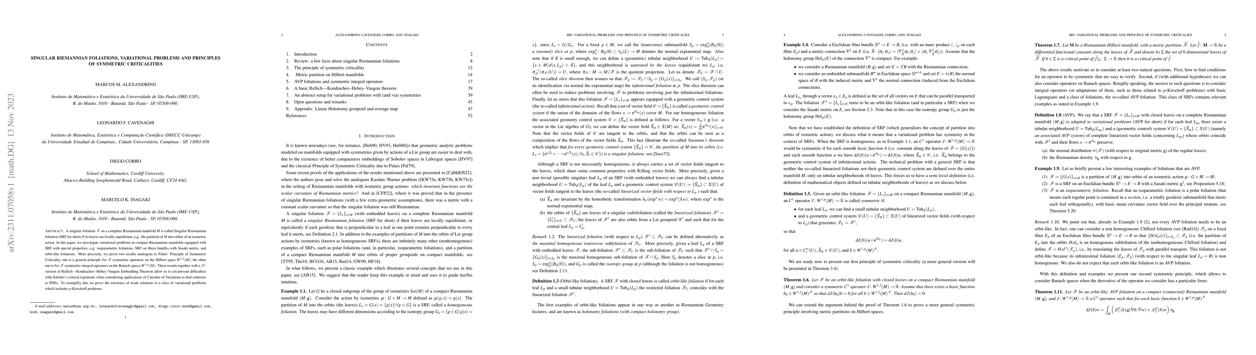 Thumbnail for Singular Riemannian Foliations, variational problems and Principles of
  Symmetric Criticalities