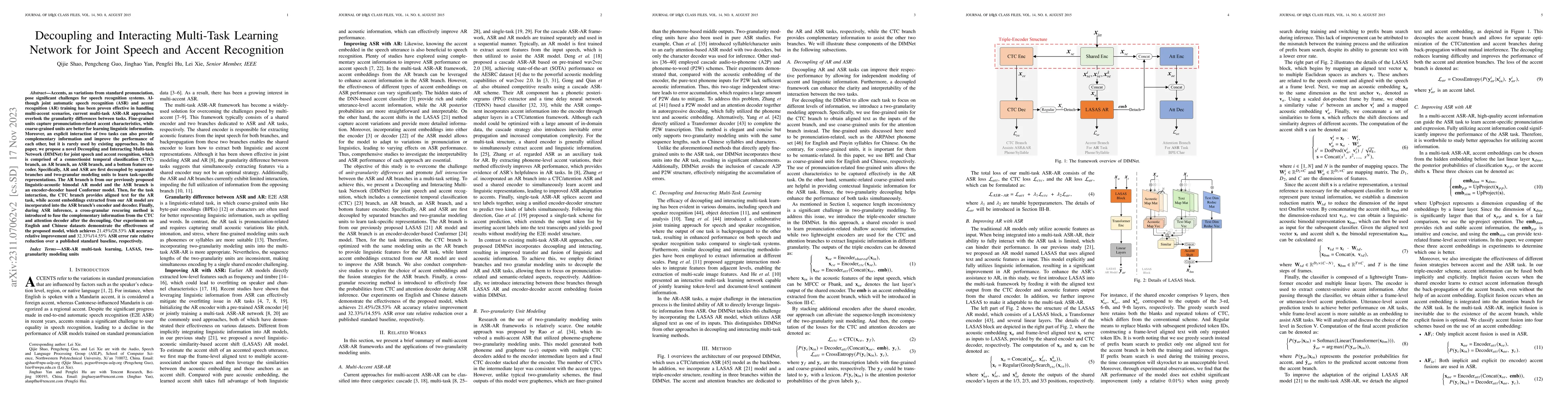 Thumbnail for Decoupling and Interacting Multi-Task Learning Network for Joint Speech
  and Accent Recognition