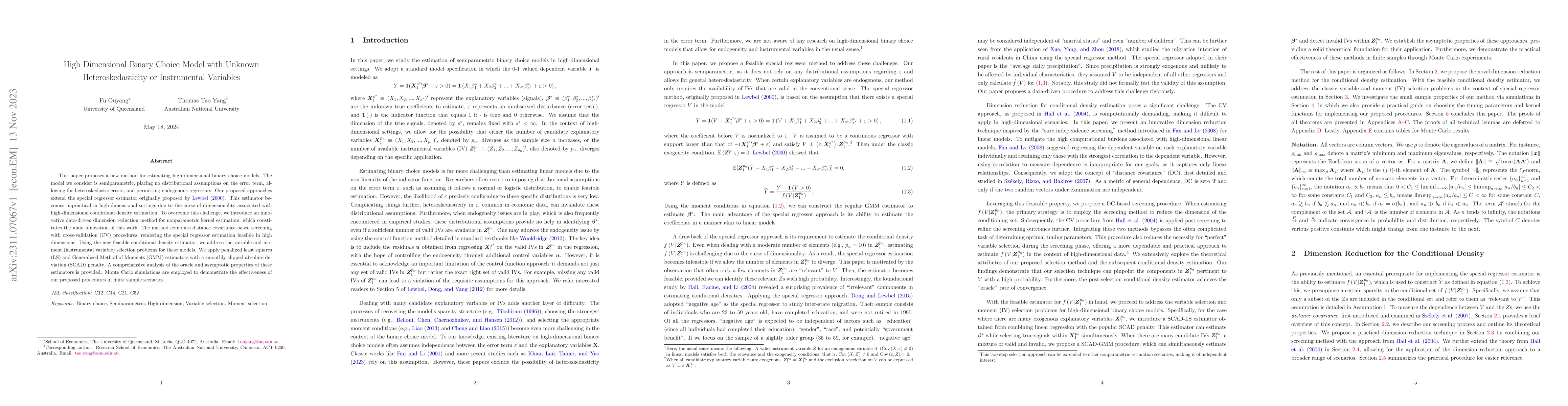 Thumbnail for High Dimensional Binary Choice Model with Unknown Heteroskedasticity or
  Instrumental Variables