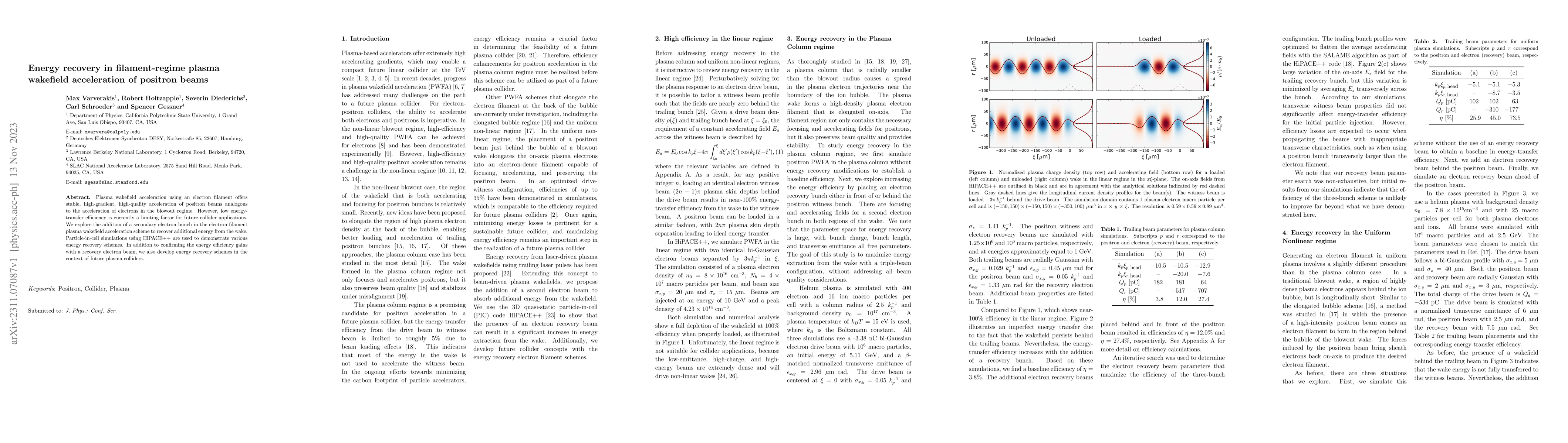Thumbnail for Energy recovery in filament-regime plasma wakefield acceleration of
  positron beams