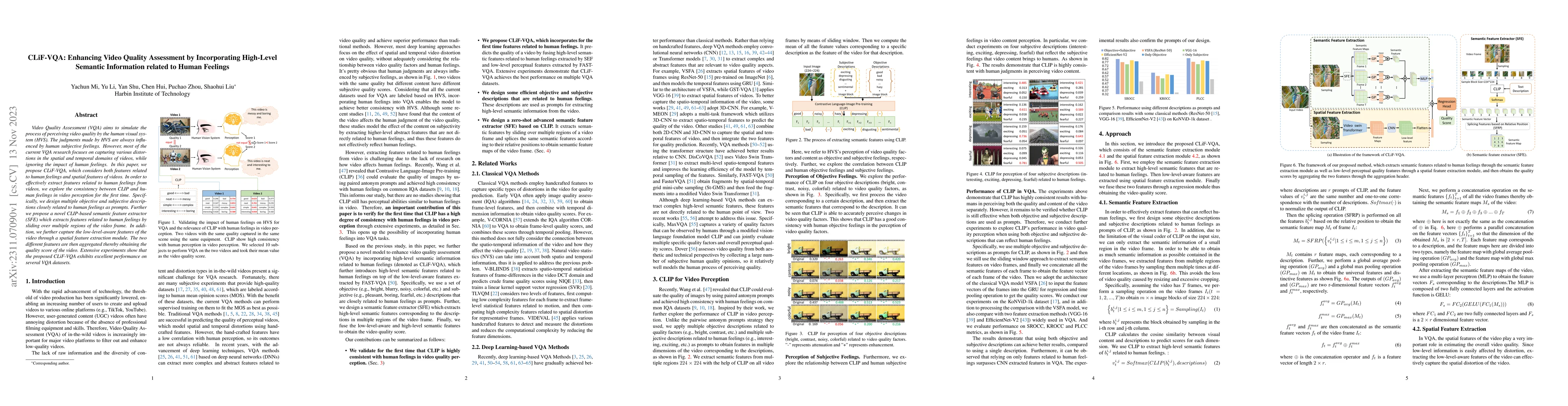 Thumbnail for CLiF-VQA: Enhancing Video Quality Assessment by Incorporating High-Level
  Semantic Information related to Human Feelings