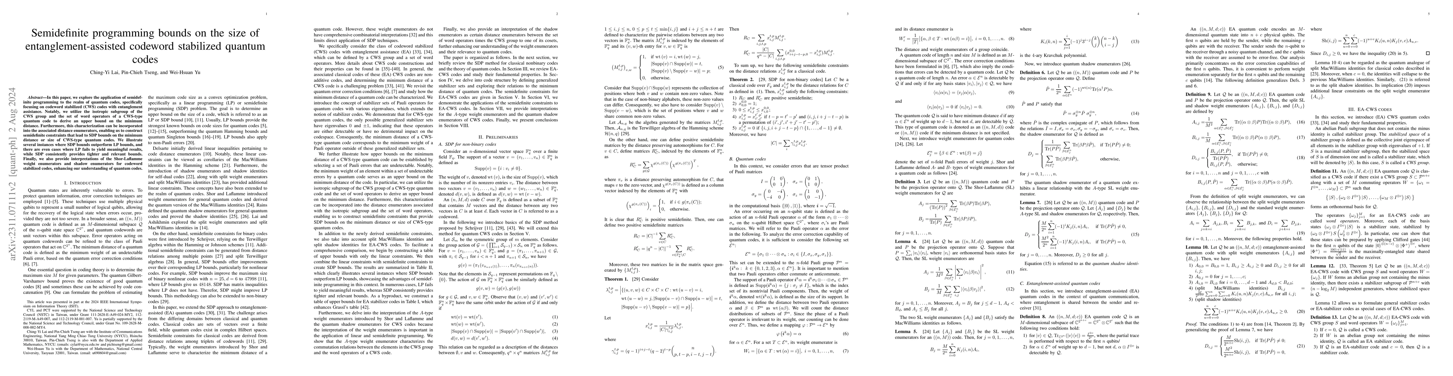 Thumbnail for Semidefinite programming bounds on the size of entanglement-assisted
  codeword stabilized quantum codes