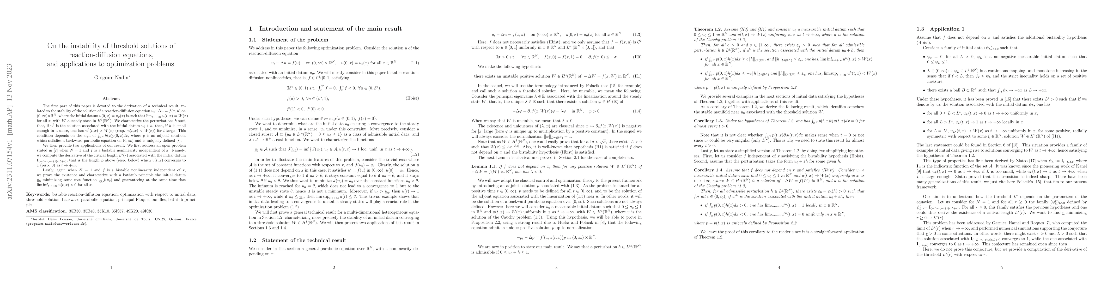 Thumbnail for On the instability of threshold solutions of reaction-diffusion
  equations, and applications to optimization problems
