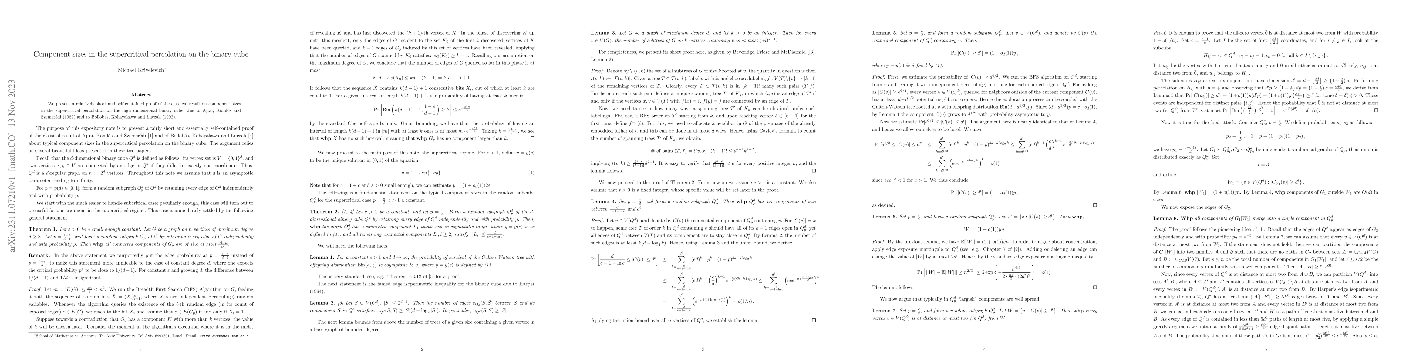 Thumbnail for Component sizes in the supercritical percolation on the binary cube