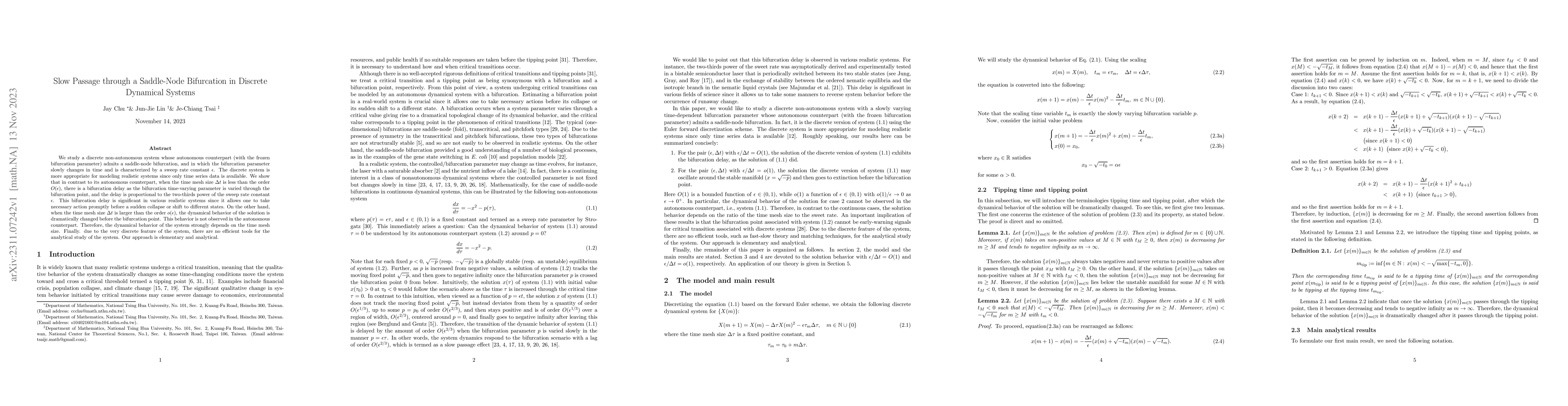 Thumbnail for Slow Passage through a Saddle-Node Bifurcation in Discrete Dynamical
  Systems