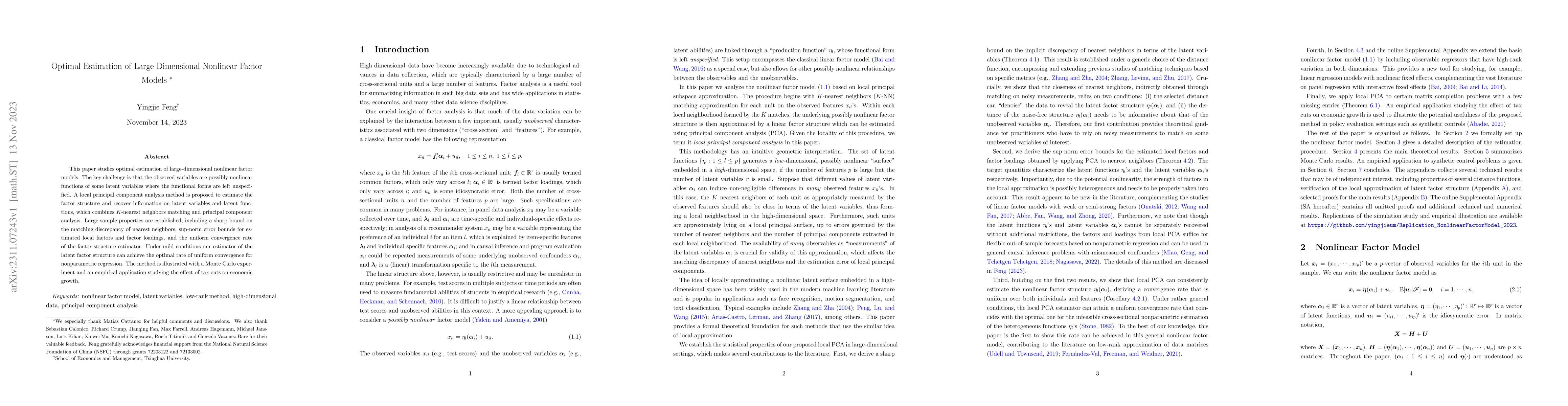 Thumbnail for Optimal Estimation of Large-Dimensional Nonlinear Factor Models