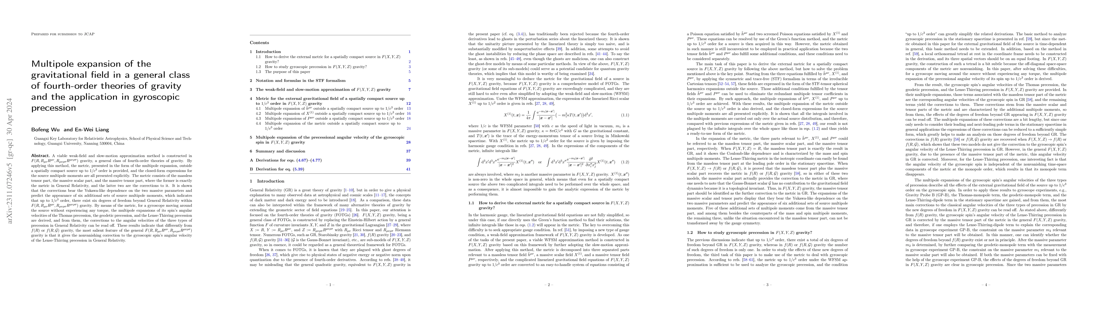 Thumbnail for Multipole expansion of the gravitational field in a general class of
  fourth-order theories of gravity and the application in gyroscopic precession