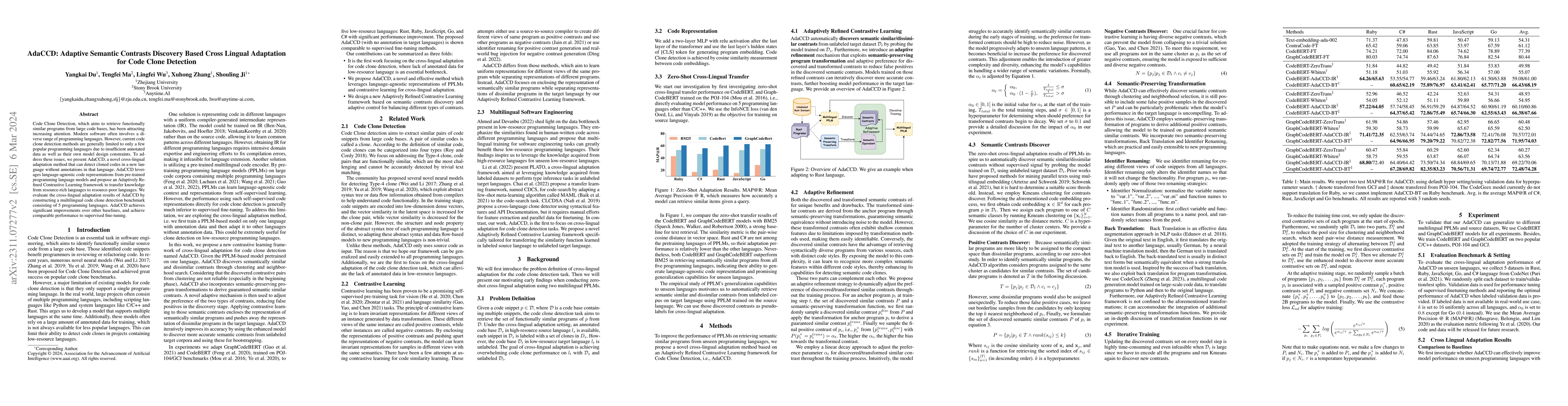 Thumbnail for AdaCCD: Adaptive Semantic Contrasts Discovery Based Cross Lingual
  Adaptation for Code Clone Detection