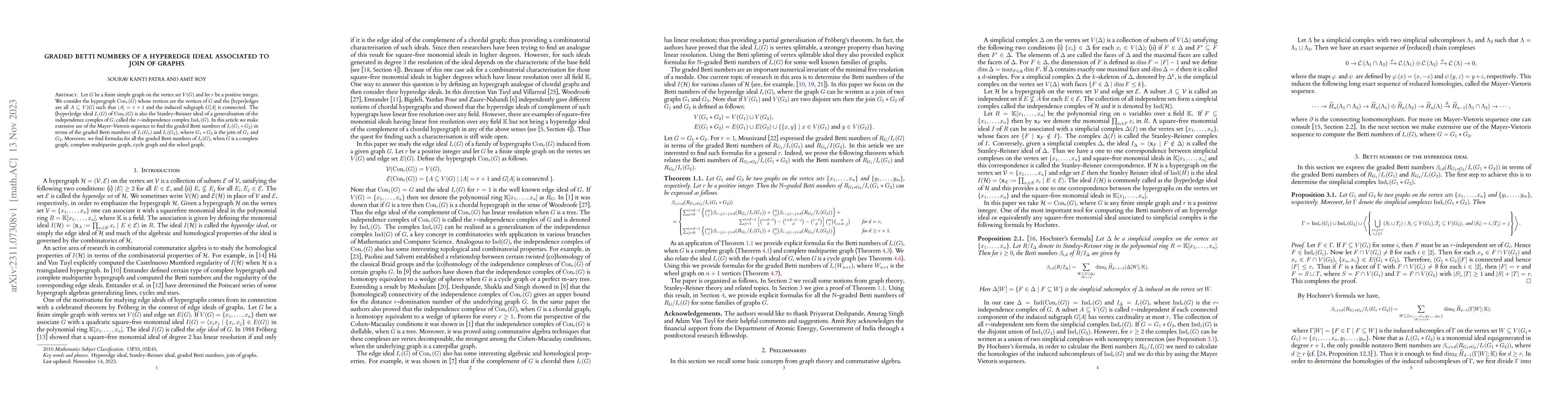 Thumbnail for Graded Betti numbers of a hyperedge ideal associated to join of graphs