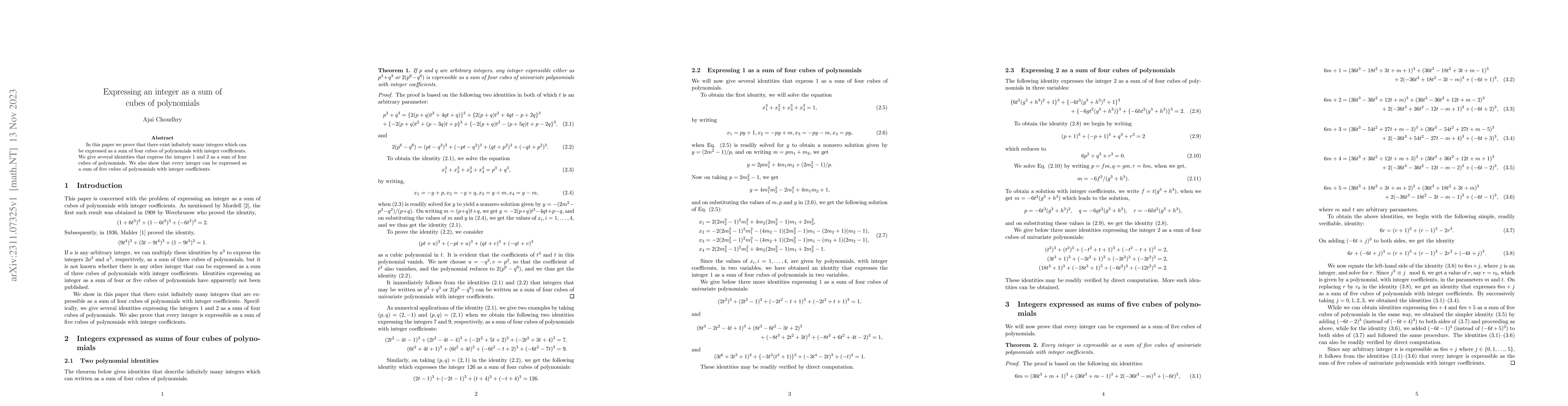 Thumbnail for Expressing an integer as a sum of cubes of polynomials