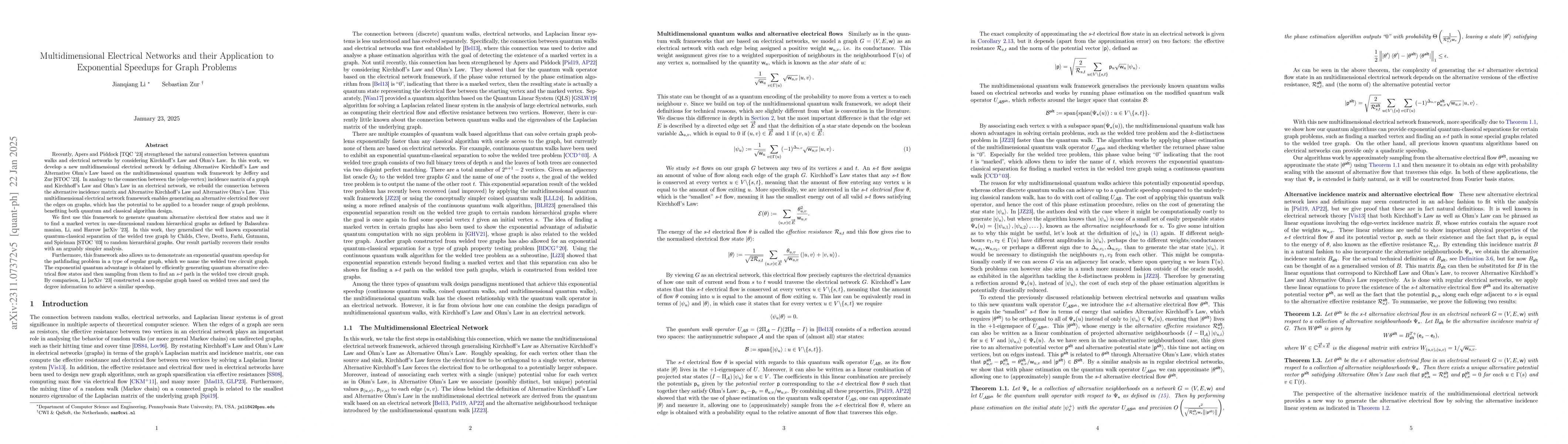 Thumbnail for Multidimensional Electrical Networks and their Application to
  Exponential Speedups for Graph Problems