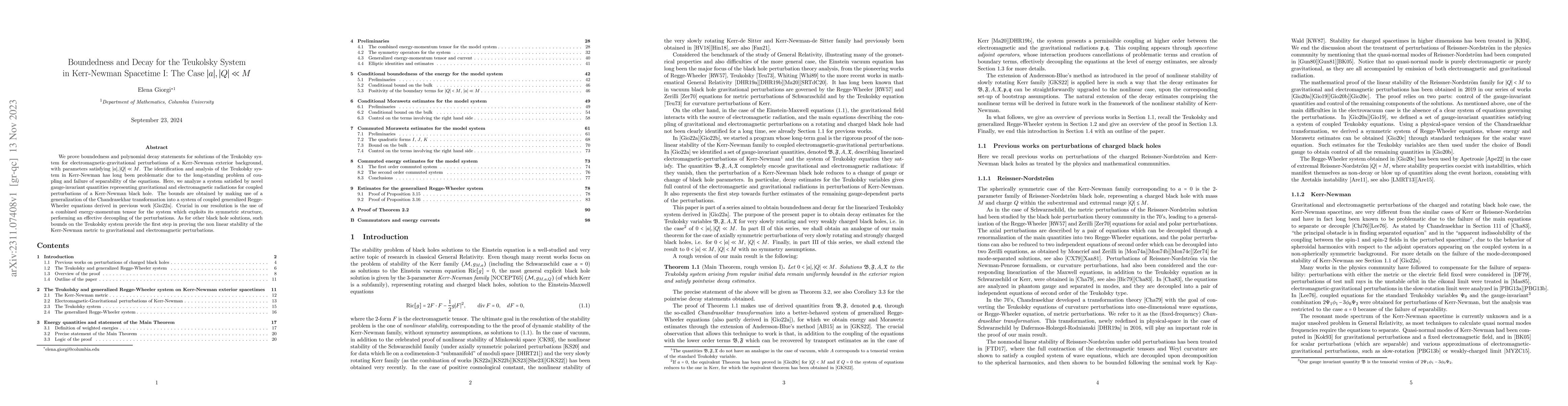 Thumbnail for Boundedness and Decay for the Teukolsky System in Kerr-Newman Spacetime
  I: The Case $|a|, |Q| \ll M$