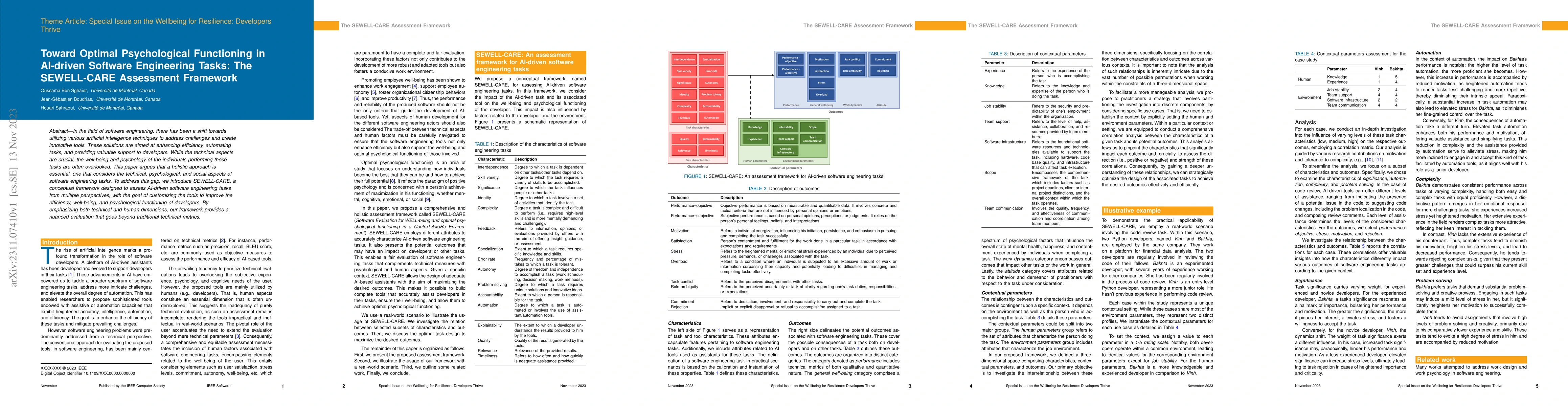 Thumbnail for Toward Optimal Psychological Functioning in AI-driven Software
  Engineering Tasks: The SEWELL-CARE Assessment Framework