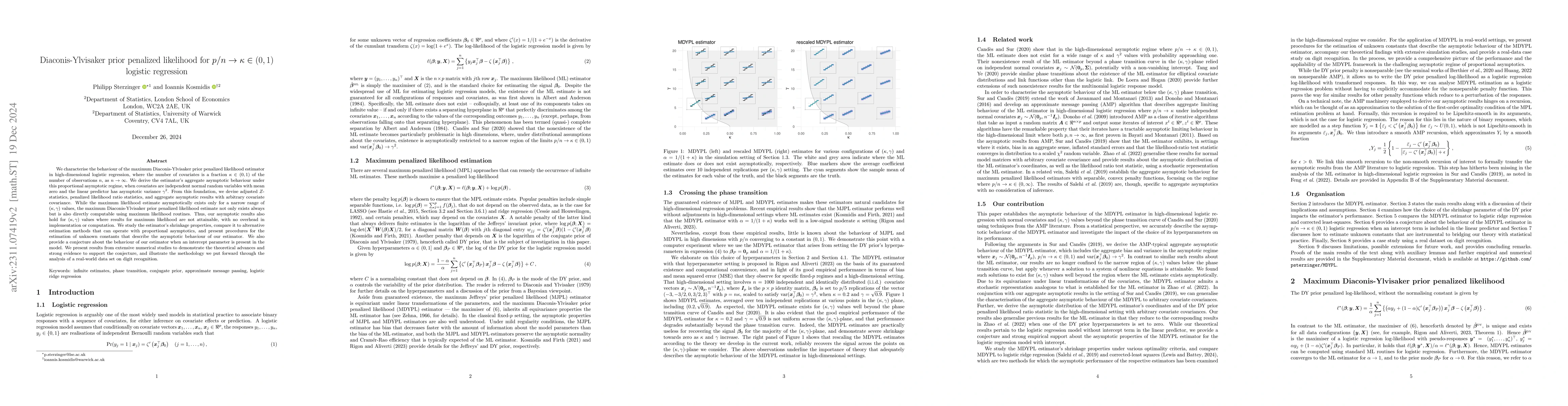 Thumbnail for Diaconis-Ylvisaker prior penalized likelihood for $p/n \to \kappa \in
  (0,1)$ logistic regression