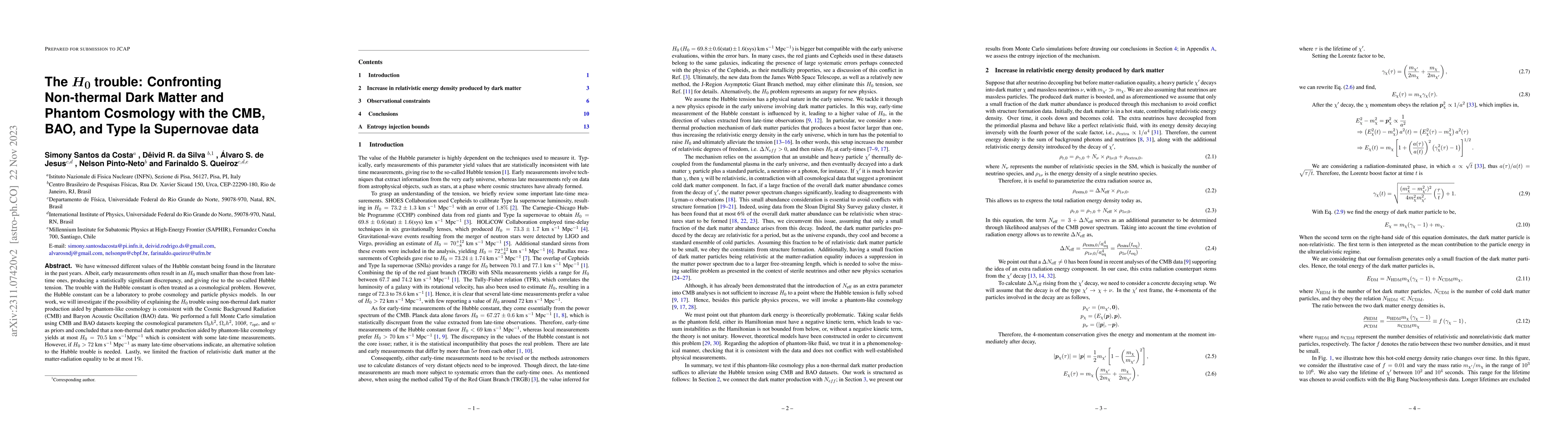 Thumbnail for The H0 trouble: Confronting Non-thermal Dark Matter and Phantom
  Cosmology with the CMB, BAO, and Type Ia Supernovae data