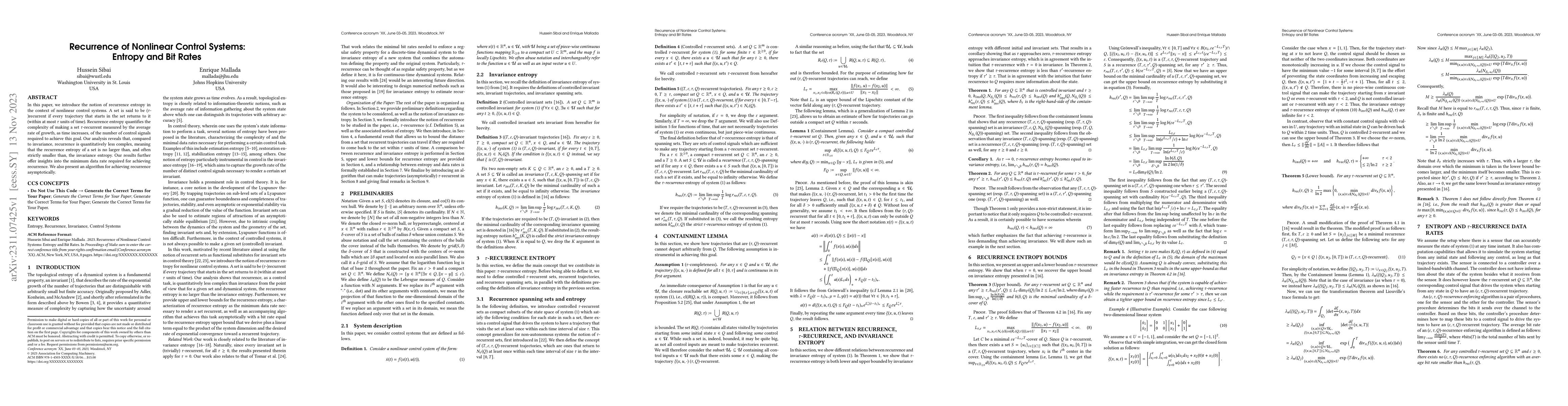 Thumbnail for Recurrence of Nonlinear Control Systems: Entropy and Bit Rates