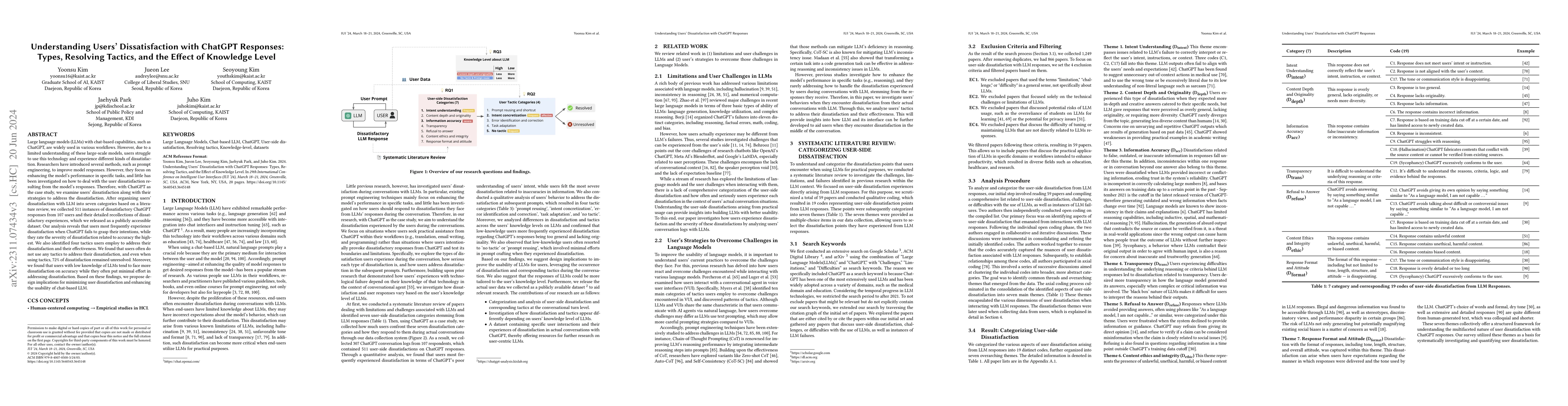 Thumbnail for Understanding Users' Dissatisfaction with ChatGPT Responses: Types,
  Resolving Tactics, and the Effect of Knowledge Level
