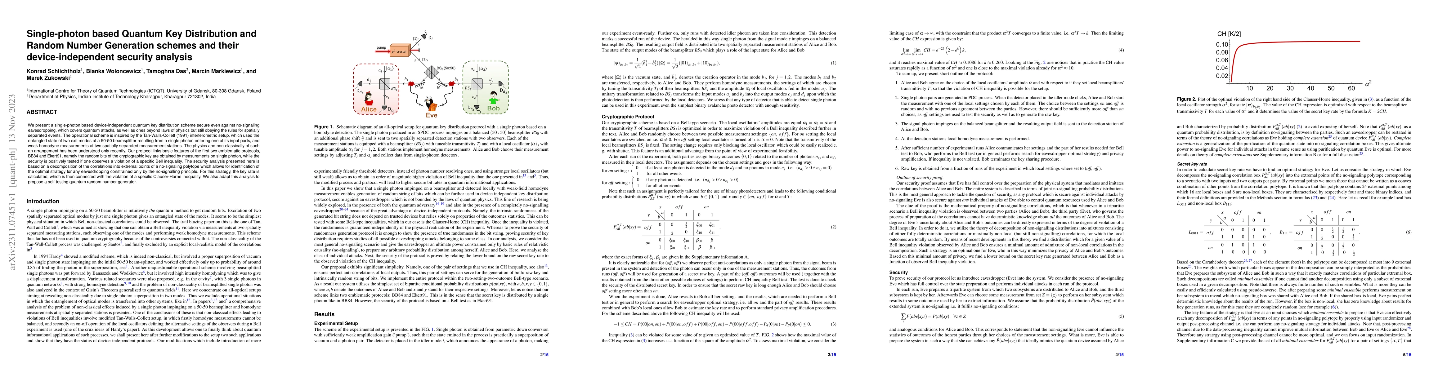 Thumbnail for Single-photon based Quantum Key Distribution and Random Number
  Generation schemes and their device-independent security analysis