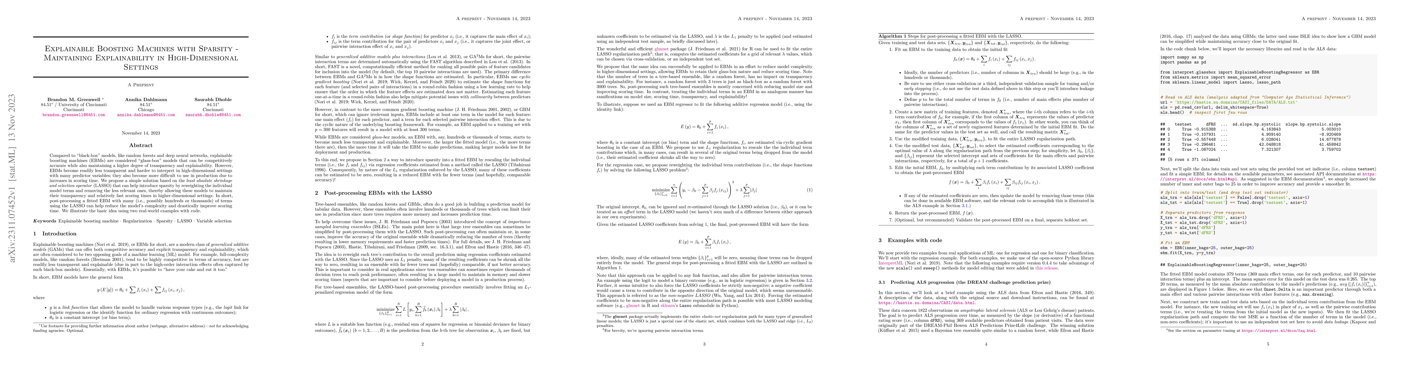 Thumbnail for Explainable Boosting Machines with Sparsity -- Maintaining
  Explainability in High-Dimensional Settings