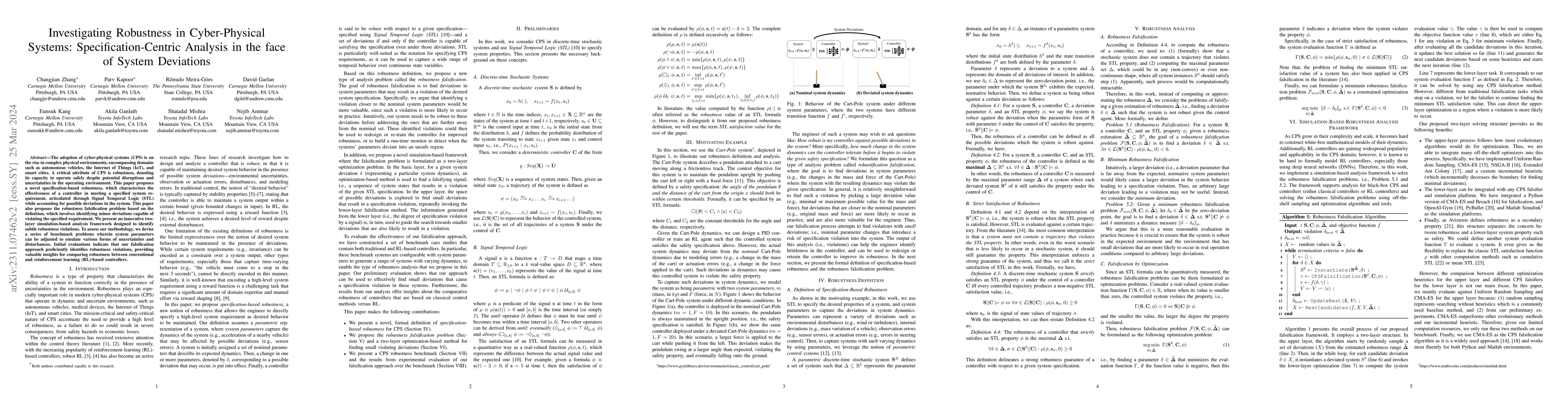 Thumbnail for Investigating Robustness in Cyber-Physical Systems:
  Specification-Centric Analysis in the face of System Deviations