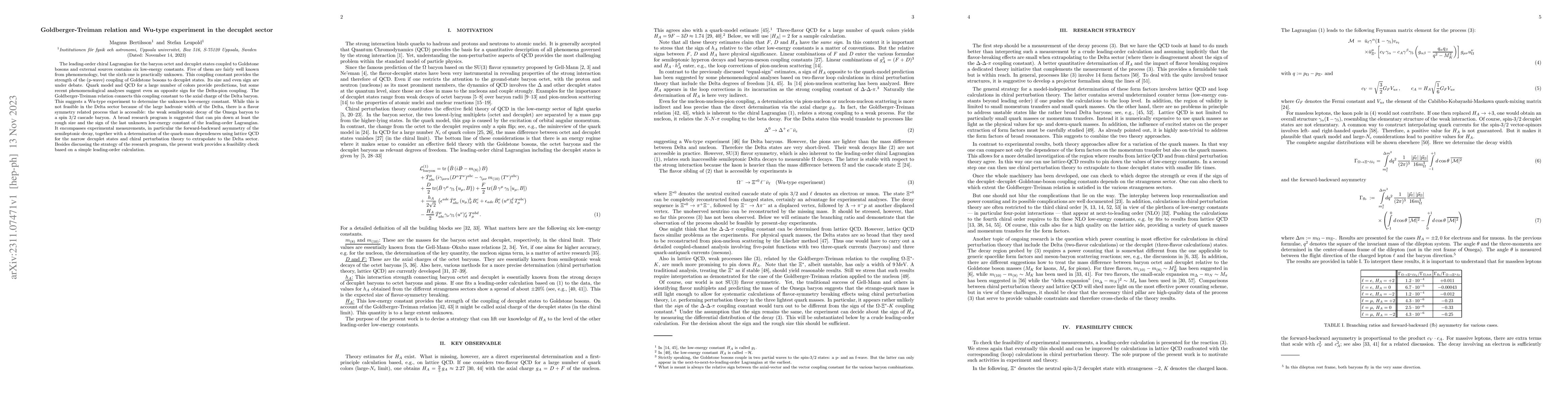 Thumbnail for Goldberger-Treiman relation and Wu-type experiment in the decuplet
  sector