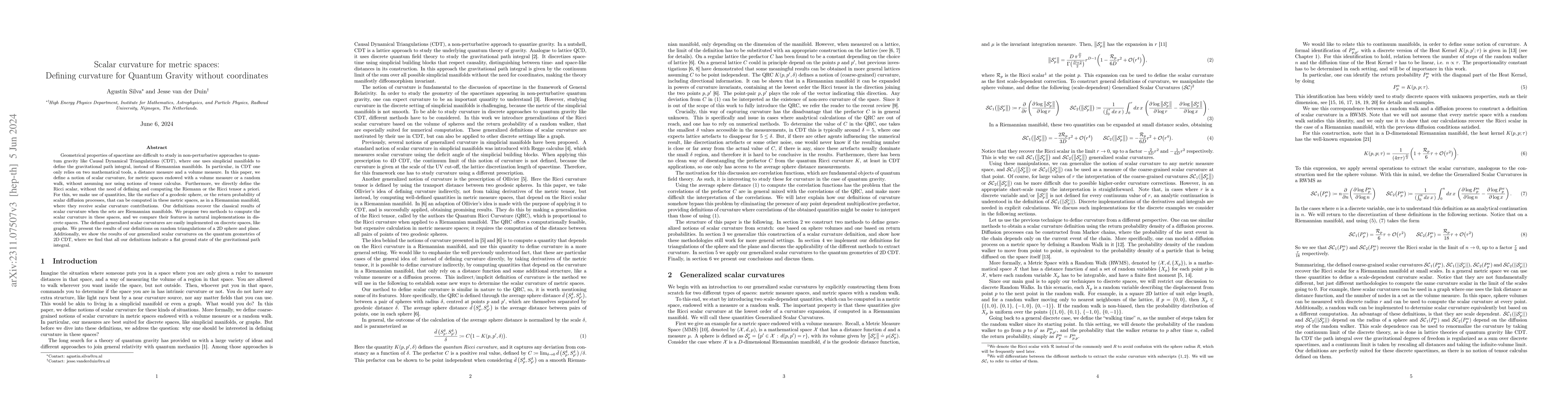 Thumbnail for Scalar curvature for metric spaces: Defining curvature for Quantum
  Gravity without coordinates