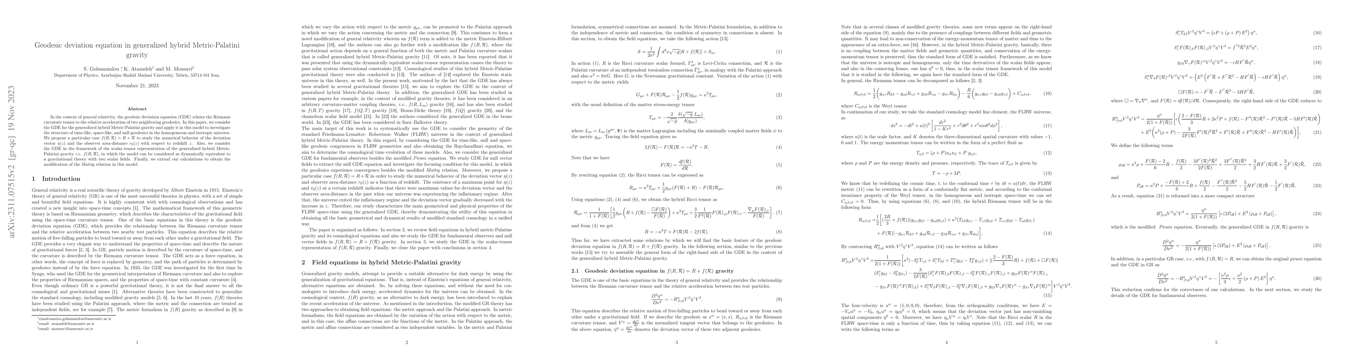 Thumbnail for Geodesic deviation equation in generalized hybrid Metric-Palatini
  gravity