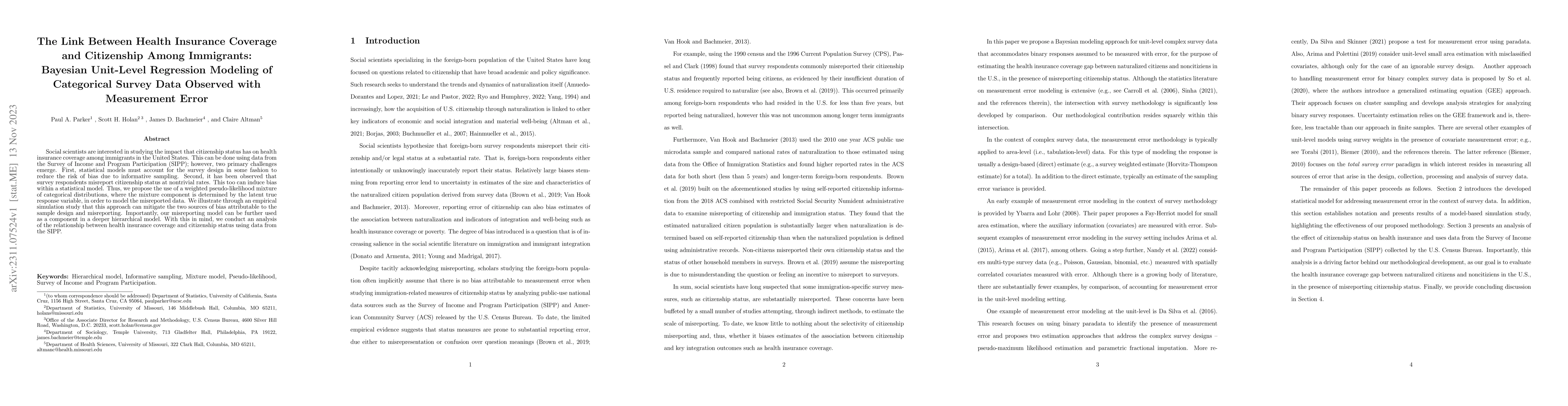 Thumbnail for The Link Between Health Insurance Coverage and Citizenship Among
  Immigrants: Bayesian Unit-Level Regression Modeling of Categorical Survey
  Data Observed with Measurement Error