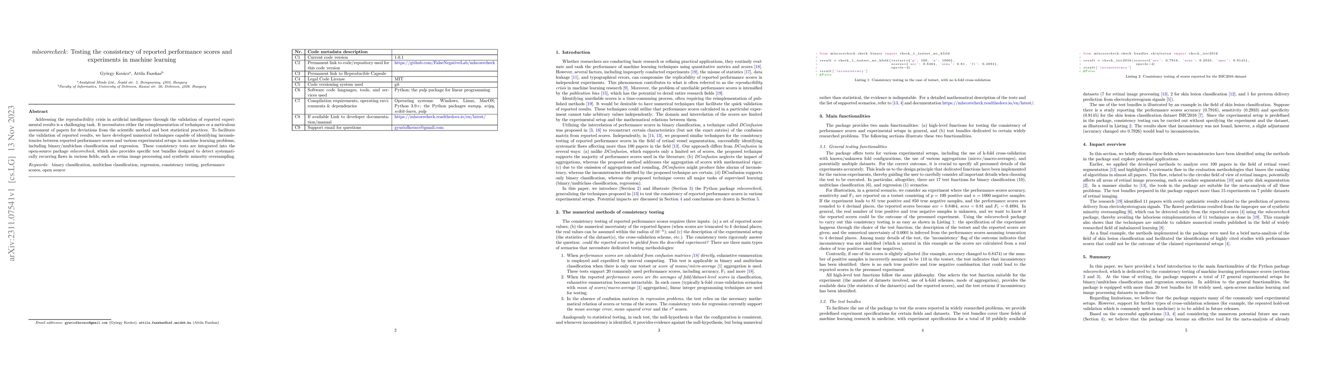 Thumbnail for mlscorecheck: Testing the consistency of reported performance scores and
  experiments in machine learning