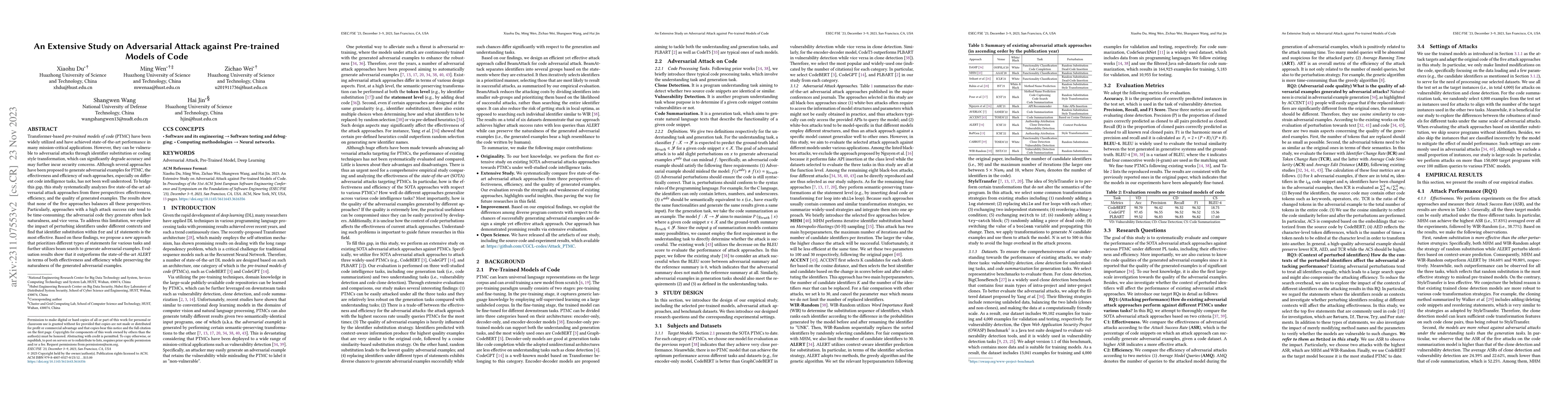 Thumbnail for An Extensive Study on Adversarial Attack against Pre-trained Models of
  Code