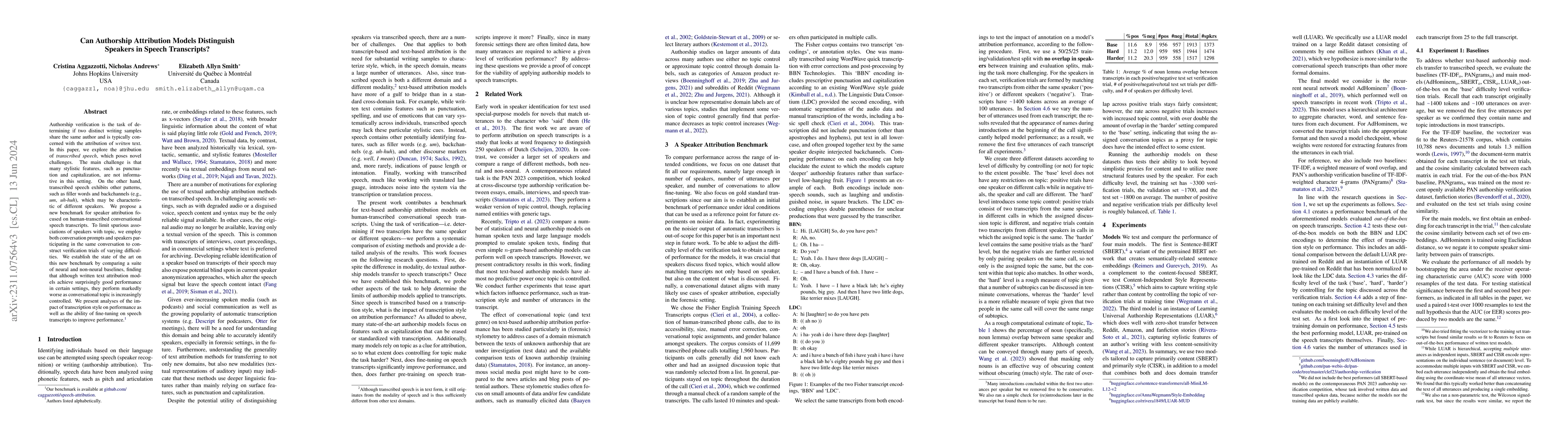 Thumbnail for Can Authorship Attribution Models Distinguish Speakers in Speech
  Transcripts?