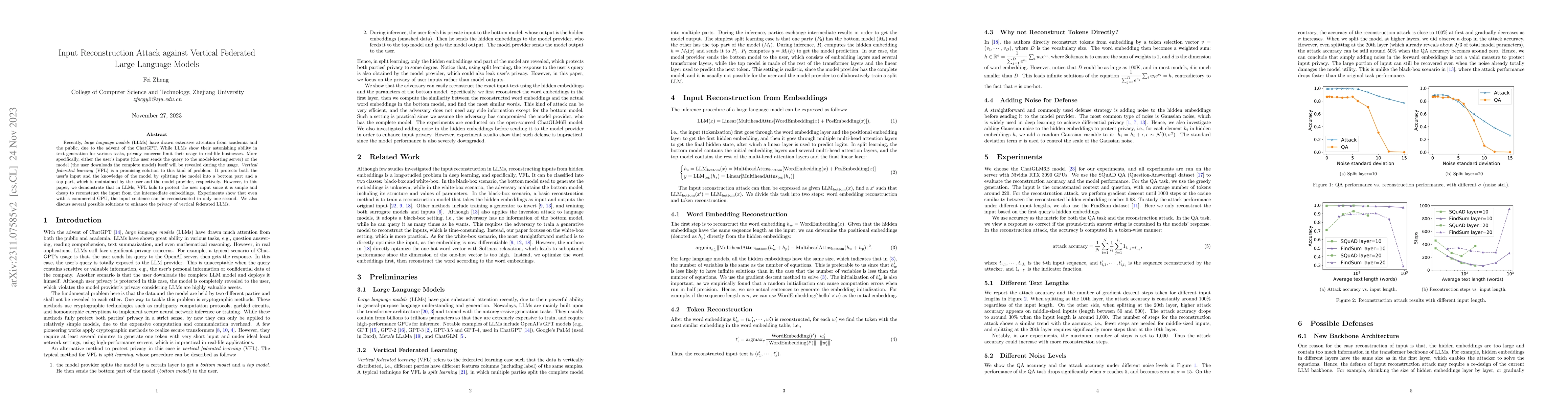 Thumbnail for Input Reconstruction Attack against Vertical Federated Large Language
  Models