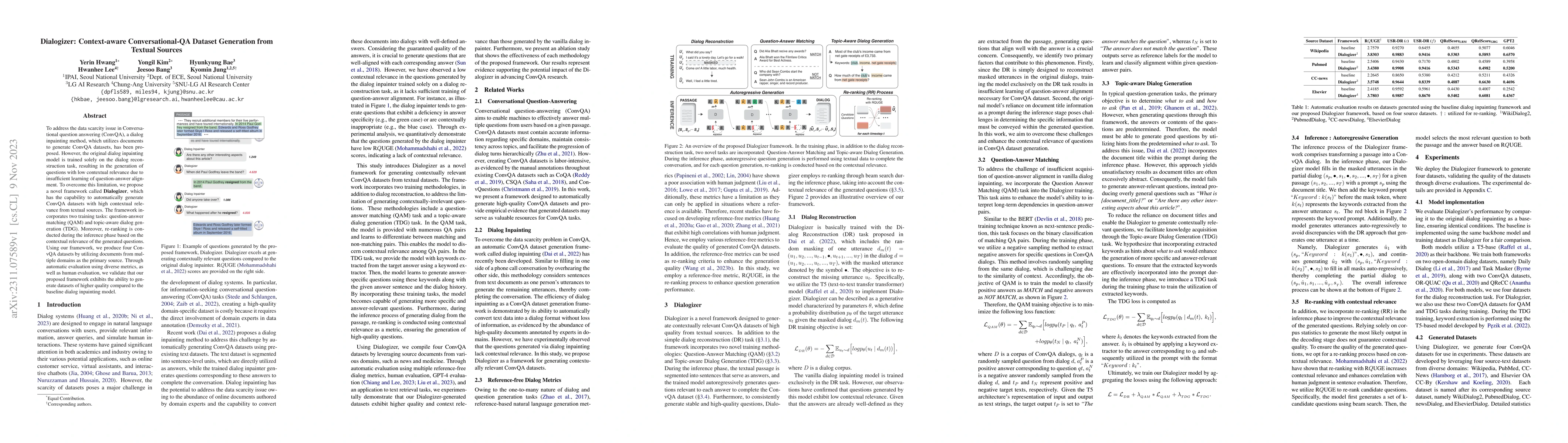 Thumbnail for Dialogizer: Context-aware Conversational-QA Dataset Generation from
  Textual Sources