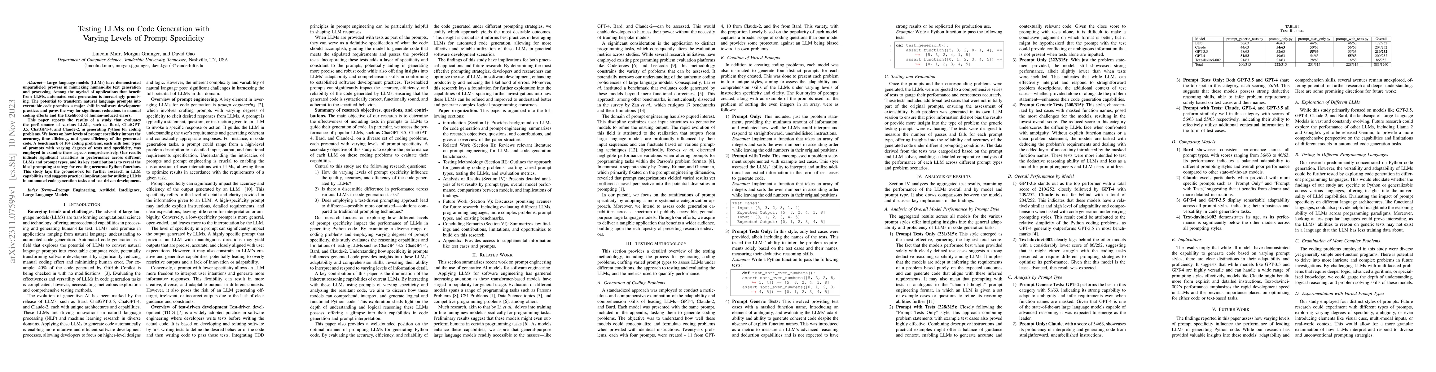 Thumbnail for Testing LLMs on Code Generation with Varying Levels of Prompt
  Specificity