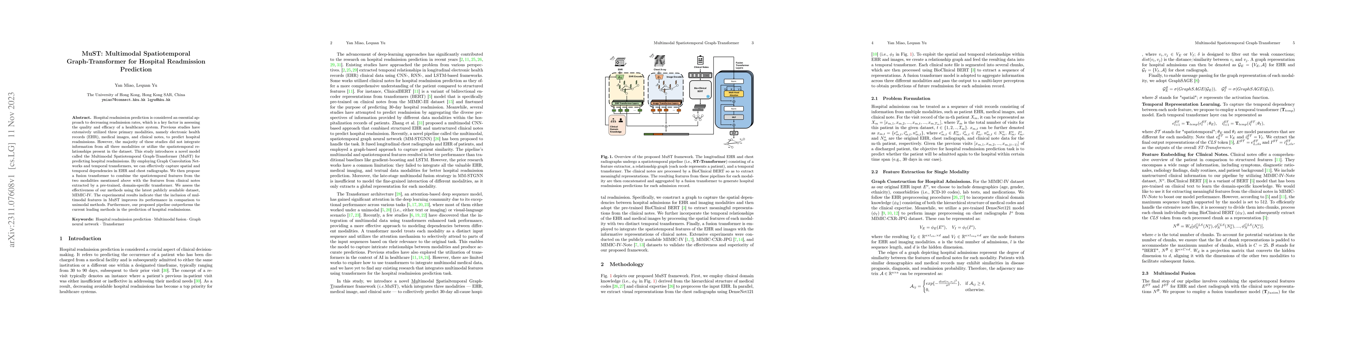 Thumbnail for MuST: Multimodal Spatiotemporal Graph-Transformer for Hospital
  Readmission Prediction