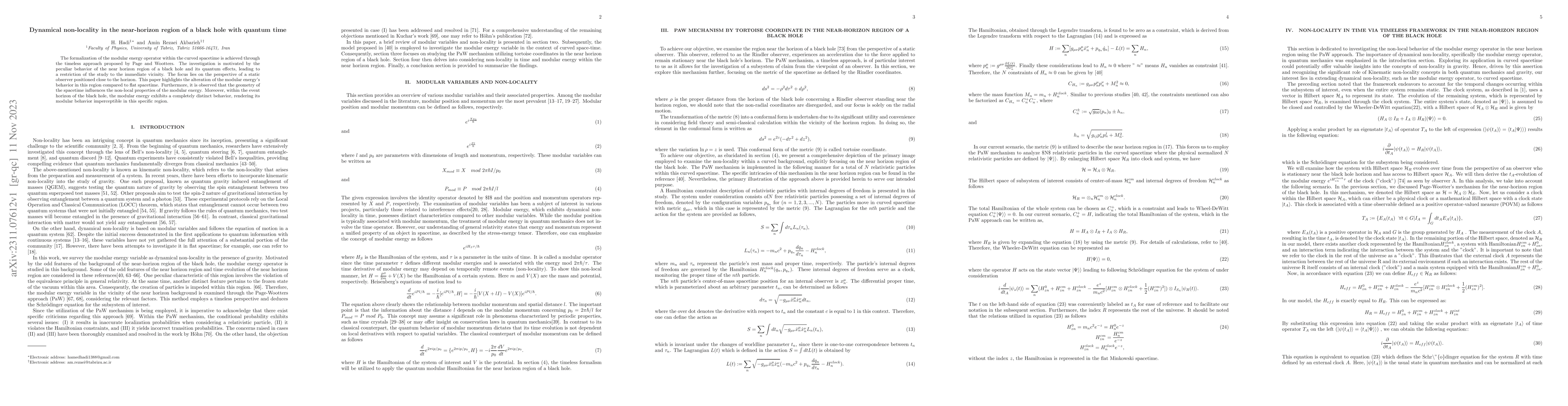 Thumbnail for Dynamical non-locality in the near-horizon region of a black hole with
  quantum time